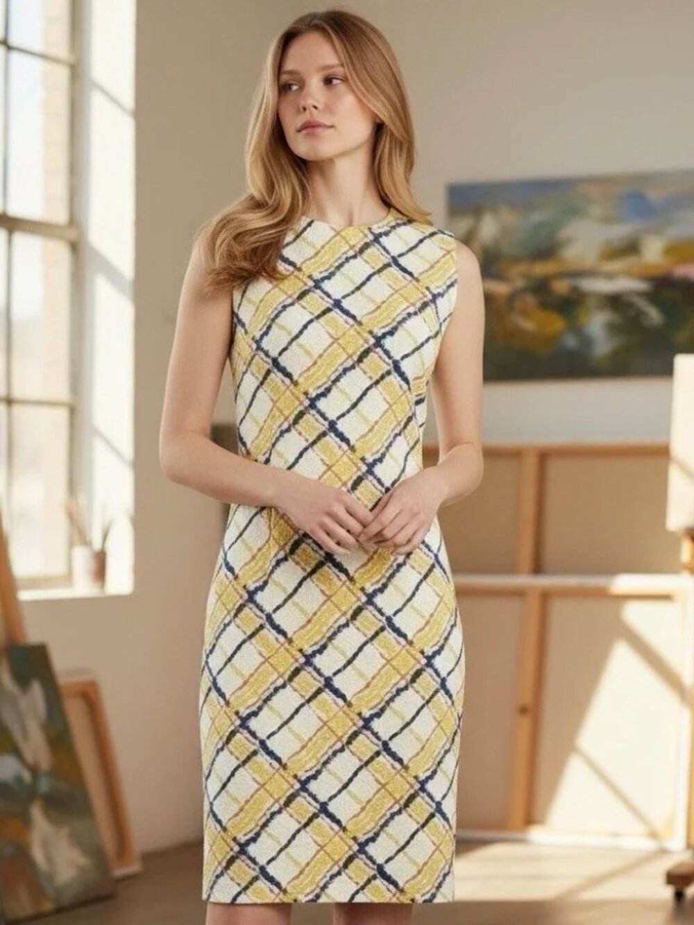 J. McLaughlin Devon Bainbridge Cloth Sleeveless Shift Dress in Chalk Plaid